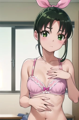 naomidorikawa, Nao Midorikawa, short hair, (Green Eyes:1.3), ponytail, Green Hair, ribbon, hair ribbon, smile, Thighs、Bed、blush、Shame face、(((Cute pink bra:1.3、Cute pink panties)))、break indoors,classroom、
break looking at viewer, Sexy pose、
break (masterpiece:1.2), Highest quality, High resolution, unity 8k wallpaper, (figure:0.8), (Beautiful attention to detail:1.6), Highly detailed face, Perfect lighting, Highly detailed CG, (Perfect hands, Perfect Anatomy),