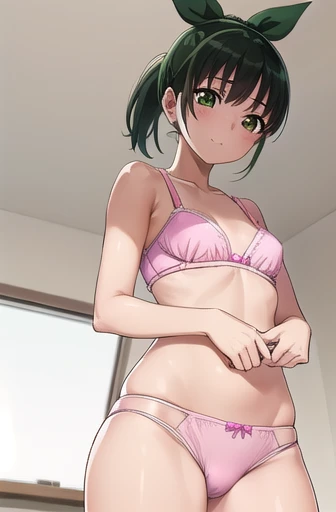 naomidorikawa, Nao Midorikawa, short hair, (Green Eyes:1.3), ponytail, Green Hair, ribbon, hair ribbon, smile, Thighs、Bed、blush、Shame face、(((Cute pink bra:1.3、Cute pink panties)))、break indoors,classroom、
break looking at viewer, Sexy pose、
break (masterpiece:1.2), Highest quality, High resolution, unity 8k wallpaper, (figure:0.8), (Beautiful attention to detail:1.6), Highly detailed face, Perfect lighting, Highly detailed CG, (Perfect hands, Perfect Anatomy),