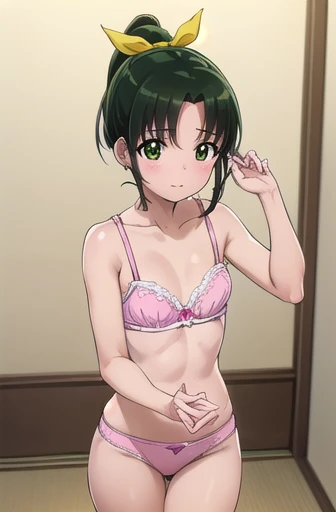 naomidorikawa, Nao Midorikawa, short hair, (Green Eyes:1.3), ponytail, Green Hair, ribbon, hair ribbon, smile, Thighs、Bed、blush、Shame face、(((Cute pink bra:1.3、Cute pink panties)))、break indoors,classroom、
break looking at viewer, Sexy pose、
break (masterpiece:1.2), Highest quality, High resolution, unity 8k wallpaper, (figure:0.8), (Beautiful attention to detail:1.6), Highly detailed face, Perfect lighting, Highly detailed CG, (Perfect hands, Perfect Anatomy),
