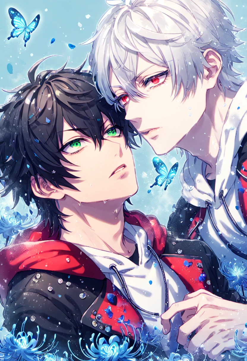 absurd resolution, high resolution, ultra detailed, detailed eyes, extremely detailed, HDR, 8K, Yamada Ichiro, chin length black hair, expressive green eyes, Hypnosis Mic, Aohitsugi Subaru, white hair, expressive red eyes, long eyelashes, black coat, varsity red jacket, white hoodie, two sexy men together, yaoi, gay couple, handsome, fantasy, cool, magical, blue glittering butterflies, blue dust flying around, blue spider lilies, blue petals, blue lanterns, icy, cold, blue blossoms, blue sky