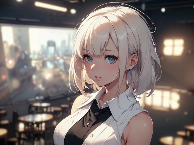 Highest quality, Ultra-high resolution, One Girl, sleeveless white button-up shirt, Black Skirt, cute,(Platinum Blonde Hair:1), ((Puffy eyes)), Show Viewer(Depth of Field HDR 8K 4K Wallpaper Cinematic Angle, Cinema Lighting,:1.5) (masterpiece, Highest quality:2.0),City Pop,Inside the cafe