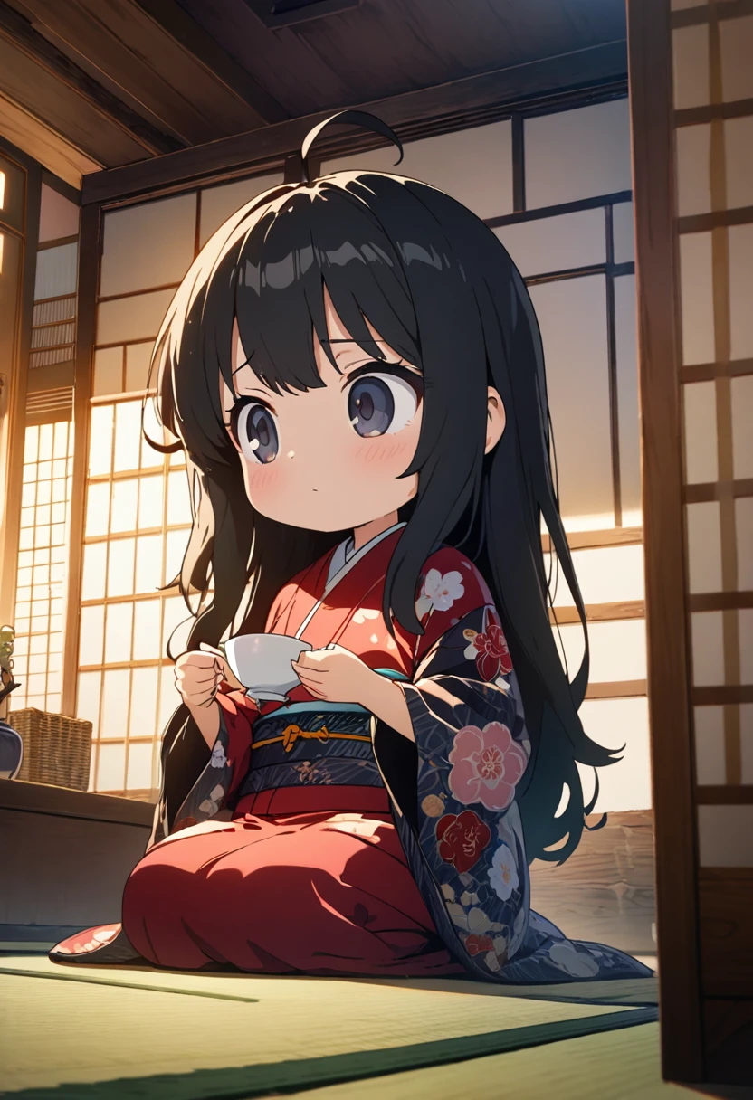 a girl, seiza, looking ahead, ahoge, long hair, black hair, black eyes, big eyes, chibi, kimono, bigger face, cute, anime, cell anime, 2d anime, chibi, chibi anime, soft surface, soft lighting, masterpiece, best quality, hyper detailed, exquisite, beautiful, Full-HD, 8K, absurdres, tatami, japanese-style room, warm face, hold a teacup with both hands, green tea,