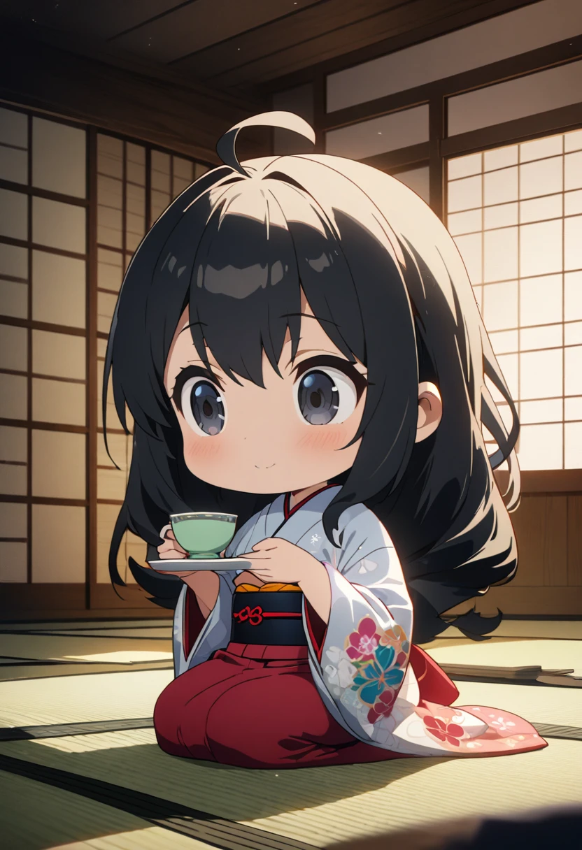 a girl, seiza, looking ahead, ahoge, long hair, black hair, black eyes, big eyes, chibi, kimono, bigger face, cute, anime, cell anime, 2d anime, chibi, chibi anime, soft surface, soft lighting, masterpiece, best quality, hyper detailed, exquisite, beautiful, Full-HD, 8K, absurdres, tatami, japanese-style room, warm face, hold a teacup with both hands, green tea,