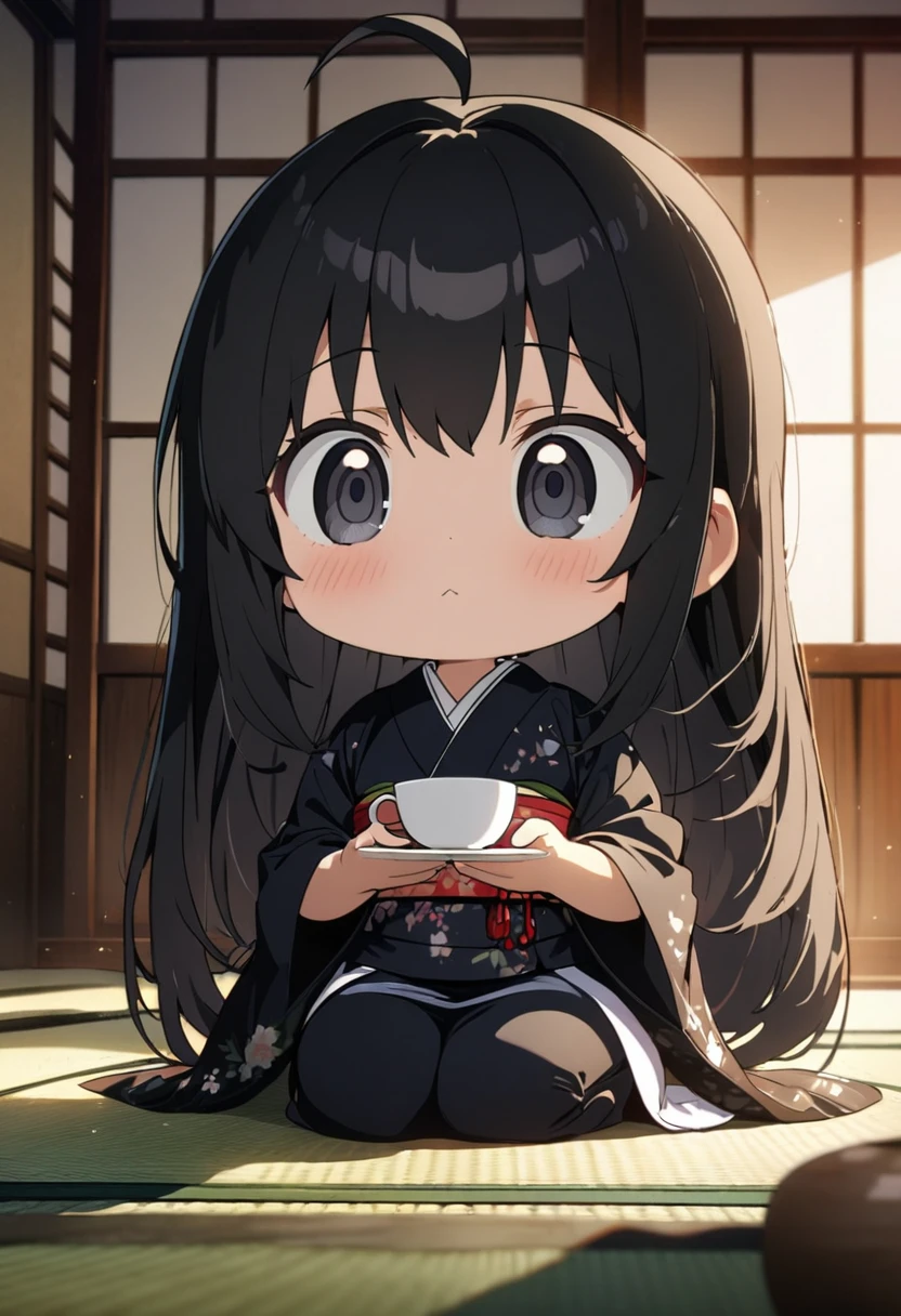 a girl, seiza, looking ahead, ahoge, long hair, black hair, black eyes, big eyes, chibi, kimono, bigger face, cute, anime, cell anime, 2d anime, chibi, chibi anime, soft surface, soft lighting, masterpiece, best quality, hyper detailed, exquisite, beautiful, Full-HD, 8K, absurdres, tatami, japanese-style room, warm face, hold a teacup with both hands, green tea,