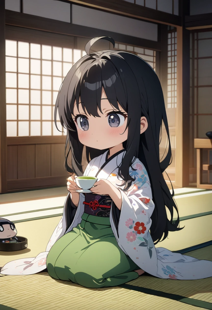 a girl, seiza, looking ahead, ahoge, long hair, black hair, black eyes, big eyes, chibi, kimono, bigger face, cute, anime, cell anime, 2d anime, chibi, chibi anime, soft surface, soft lighting, masterpiece, best quality, hyper detailed, exquisite, beautiful, Full-HD, 8K, absurdres, tatami, japanese-style room, warm face, hold a teacup with both hands, green tea,