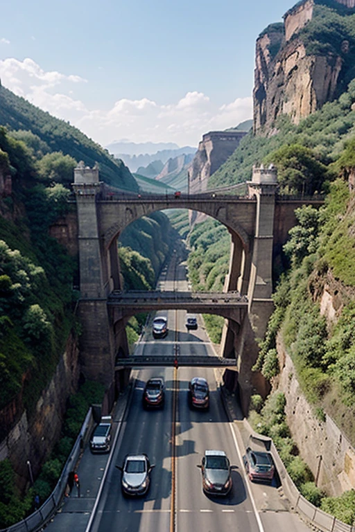 Highland China unique incredibly fantastic transport bridge crossings for people and cars the mesmerizing beauty of deep canyons and rocky steep slopes and gorges elegant heavy-duty designs of bridges and suspended pedestrian roads