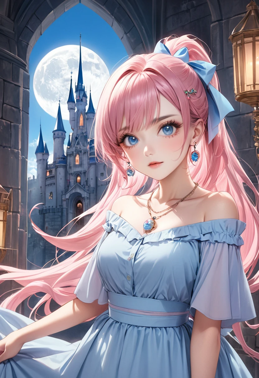 1 female Pink hair ponytail Thin pink eyebrows Dull light blue eyes society Pastel blue long dress Inside the castle full moon Ribbon hair ornament Earrings and matching necklace