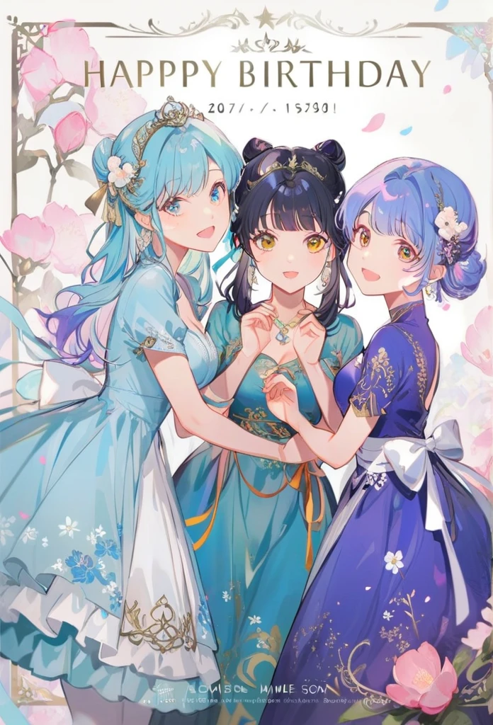 Girls in blue dresses pose for photos, Happy birthday