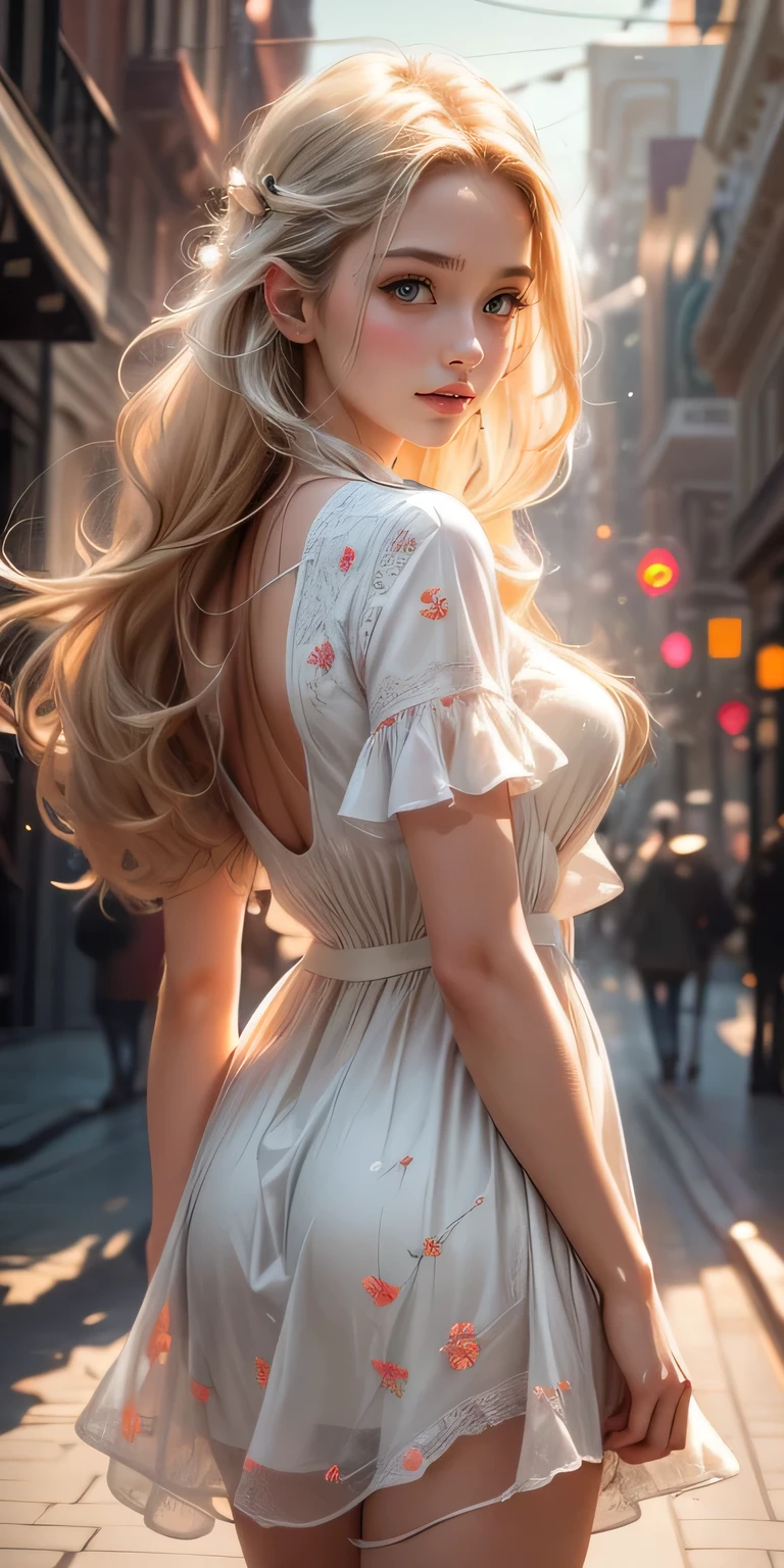 最high quality, masterpiece, High resolution, One girl, White flared chiffon short dress, smile, Mouth closed,lips, Blonde long hair, Beautiful eyes in every detail,Fine eyelashes, Beautiful Face,On top of that_body, Tyndall effect,Realistic, Rim Light, Two-tone lighting,(Skin with attention to detail:1.2), 8k uhd, Digital SLR, Soft lighting, high quality, Volumetric lighting, Frank, photograph, High resolution, 4K, 8k, Bokeh, In the downtown area, afternoon