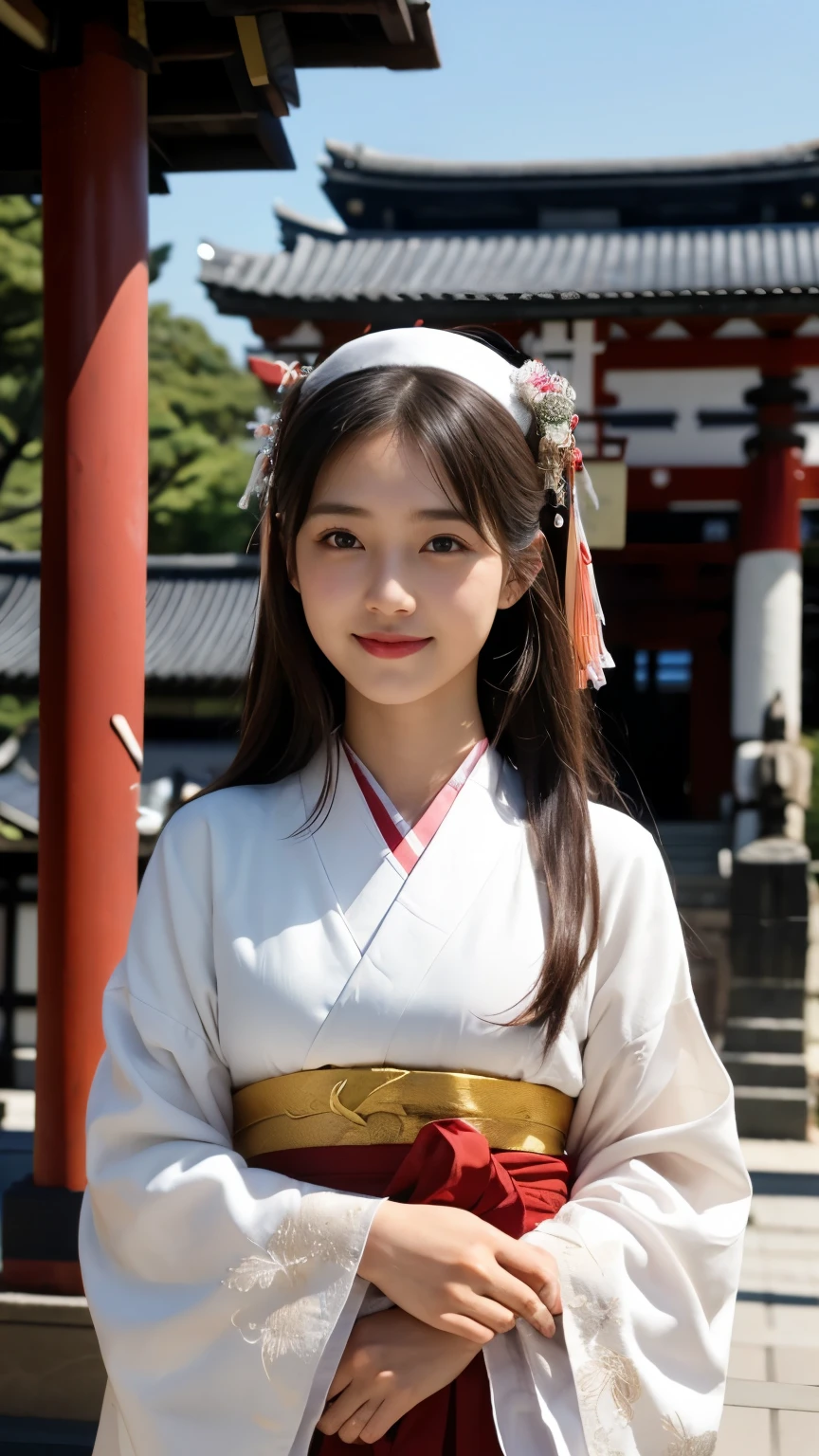 (Highest quality、masterpiece:1.2)、Highest quality、Realistic、photograph、High resolution、Ultra-realistic、Textured skin、Physical Rendering、 Japanese women、、cute、Young Face、19 years old、Roll Hair、(Japan shrine priestess costume:1.5 )、Japanese temple grounds、shy、smile、big、