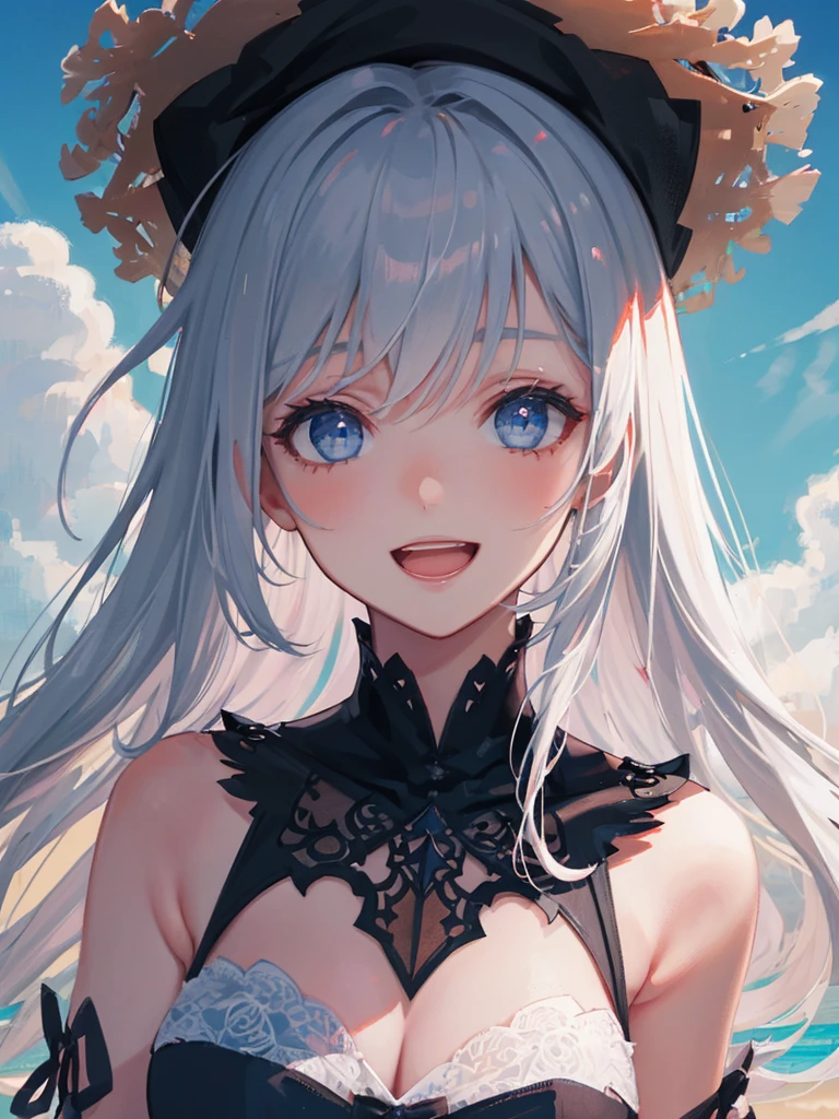 art by Cornflower,(masterpiece:1.2),(4k),high quality,(1 girl),(solo),silver long hair,beautiful detailed blue eyes,smile,open mouth,In the fantastic beauty of the sun light, elegant gothic princess,white short gothic dress,white gothic witch clothing,Bokeh, A gentle light spreads over the tranquil surroundings, Delicate petals blend into intricate patterns,((in front of a beach)),blue sky with clouds in it,Add a dramatic and symbolic element to your scene,dreamy romantic,fantastic and dreamy theme,film lighting