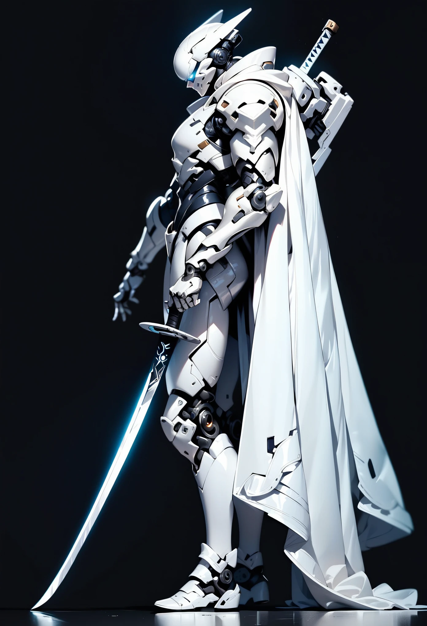 1 boy, alone, profile, plain background, white armor, white glowing eyes, full body, light armor, white hair, cyberpunk, sword pointing at the ground, white cape, holding a sword stuck in the ground, sword with white and black engravings, black background, full white armor, white futuristic helmet, standing pose leaning on the sword, tight armor, dark aura, white mechanical arm, side view