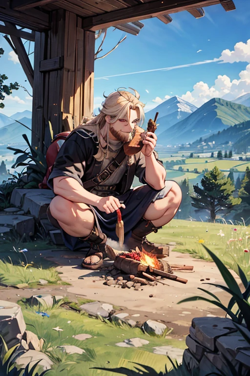 anime style, super fine illustration, highly detailed, dynamic angle, beautiful detailed, 8k, In the grassland, with mountains, trees, and rocks scattered around, BREAK a giant roasted pig is skewered and being roasted over flames. BREAK A male giant, dressed like a Viking, is sitting cross-legged, eating meat with bones. He is smiling and enjoying the food.