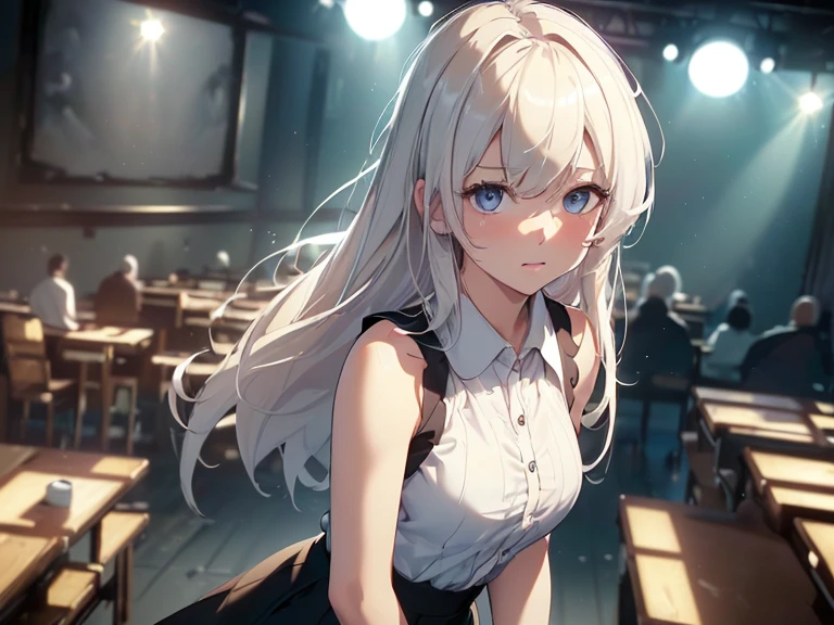 Highest quality, Ultra-high resolution, One Girl, sleeveless white button-up shirt, Black Skirt, cute,(Platinum Blonde Hair:1), ((Puffy eyes)), Show Viewer(Depth of Field HDR 8K 4K Wallpaper Cinematic Angle, Cinema Lighting,:1.5) (masterpiece, Highest quality:2.0),City Pop,Inside the cafe