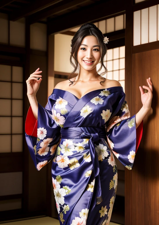 Best Quality, masterpiece, ultra high resolution, in a japanese temple, (photorealistic:1.4), smiling, A beautiful European woman,), (Yukata), hijab, giant breasts, big chest, lower chest, off shoulder kimono,  dress, beautiful kimono, hands up