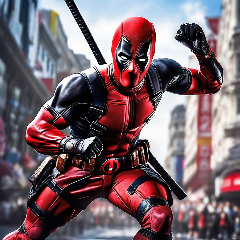 hyper-realistic,(Deadpool red and black suit, fighting Wolverine,Wolverine in yellow and black suit),boxing match,Paris Olympic games 2024,audience,Olympic sign,banners,FHD,detailed facial features,dynamic poses,high intensity action,dramatic lighting,vibrant colors