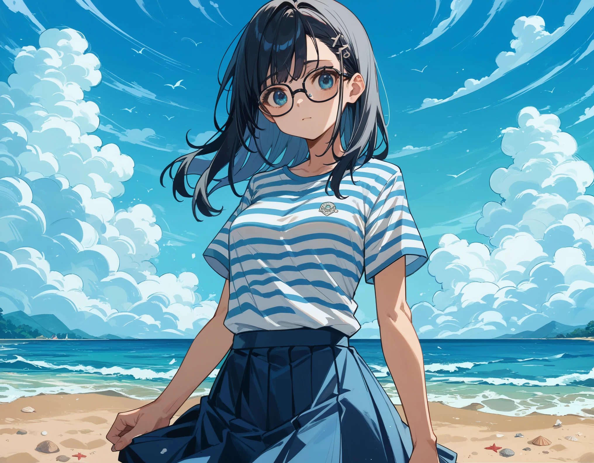  sticking to shirt、Her breasts are visible through her blue and white striped shirt、Blue flared skirt、She lifts her skirt to reveal her cute white lace underwear、Girl with long black hair and glasses、whole body、Sandy beach and blue sky