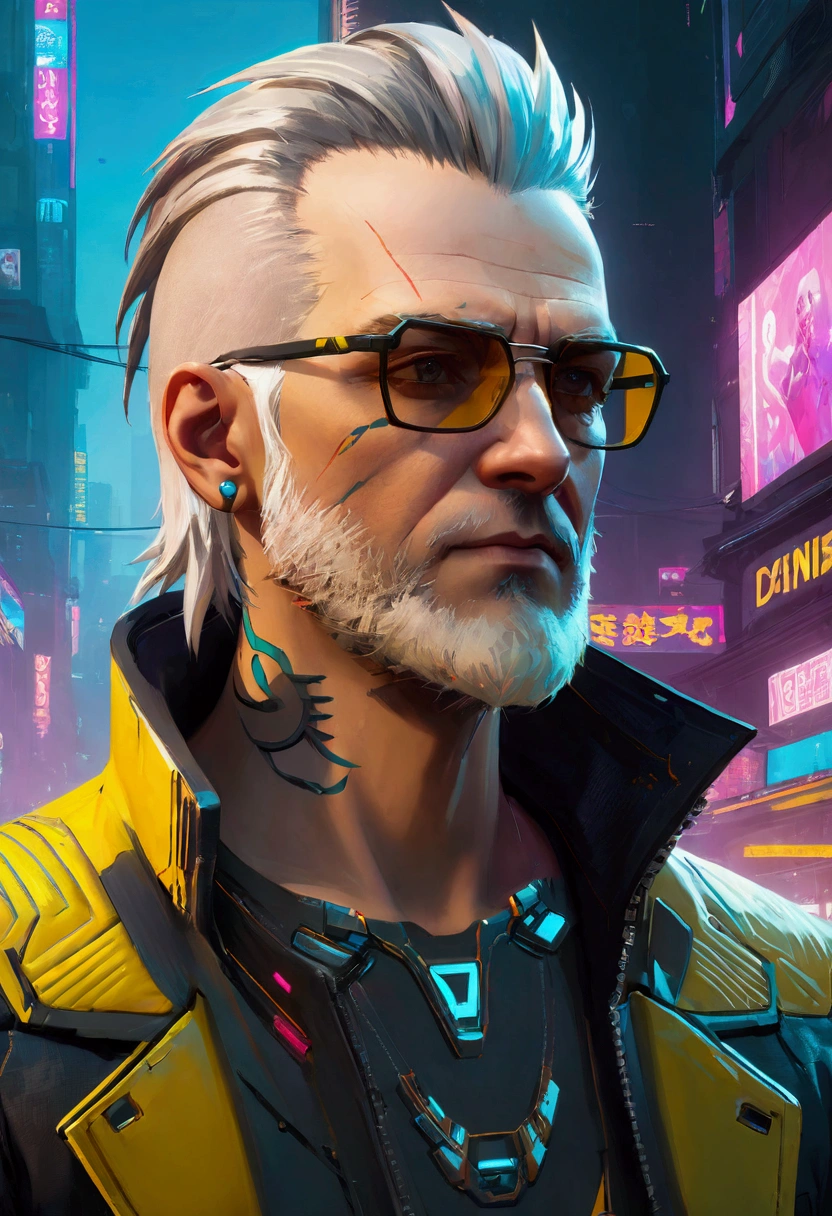 Native 16k UHD，Bright colors，Super masterpiece, 1.12), Describe the emotions captured in a close-up shot of a gray-haired man&#39;s face, Perfect hairstyle and glasses, With a neat white beard, Wearing a jacket inspired by the game Cyberpunk 2077. The game&#39;s setting reflects a dystopian future environment, With city-specific elements from Cyberpunk 2077.