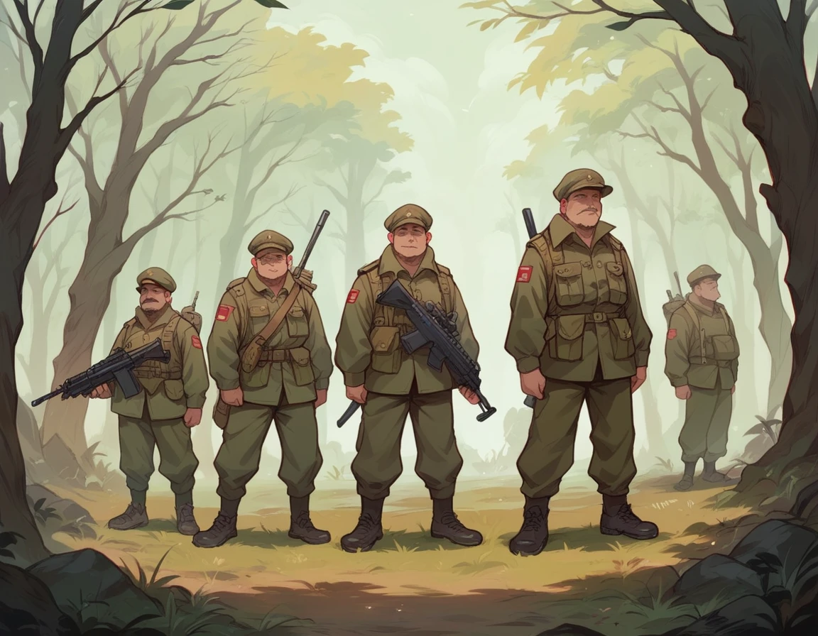 Dense woods，A group of soldiers in military uniforms，Handheld weapons，HD