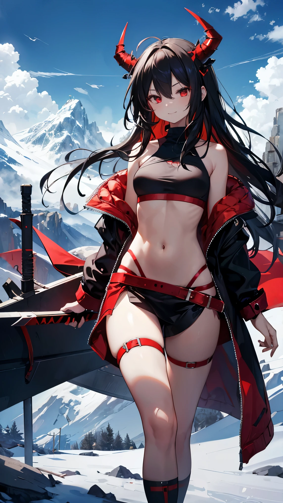 Highest quality、Highest quality、Masterpiece、girl((Age 25、as soon as、Highest Bust、Medium Bust、Wide open chest、Red glowing eyes、Black Ear、Red Mesh、Disheveled Hair、Loincloth、thin、The best valley、Open chest、Luminous Wristbands、hair ornaments、Full body view、Tank top、Black Uniform、scar、Full body scar、Fighting Pose,Japanese sword、A little muscular、Watery eye、Tears))、high quality、Beautiful Art、background((night、Ninja World,volcano))、flight、Flying Debris、Depth of text、movie、Visual Arts、Perfect Art、8K、Genuine、