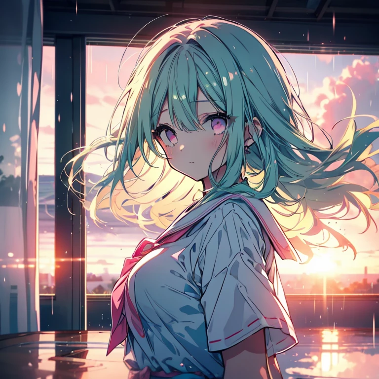1 girl、Mature、Ample breasts、Long Hair、Mint green hair、Pink Eyes、Sailor suit、Short sleeve、Bust-up perspective、The curtains flutter、Hair blowing in the wind、Look to the side、Fleeting、Gentle Sunset、rain、classroom、Window、High resolution、Highest quality、