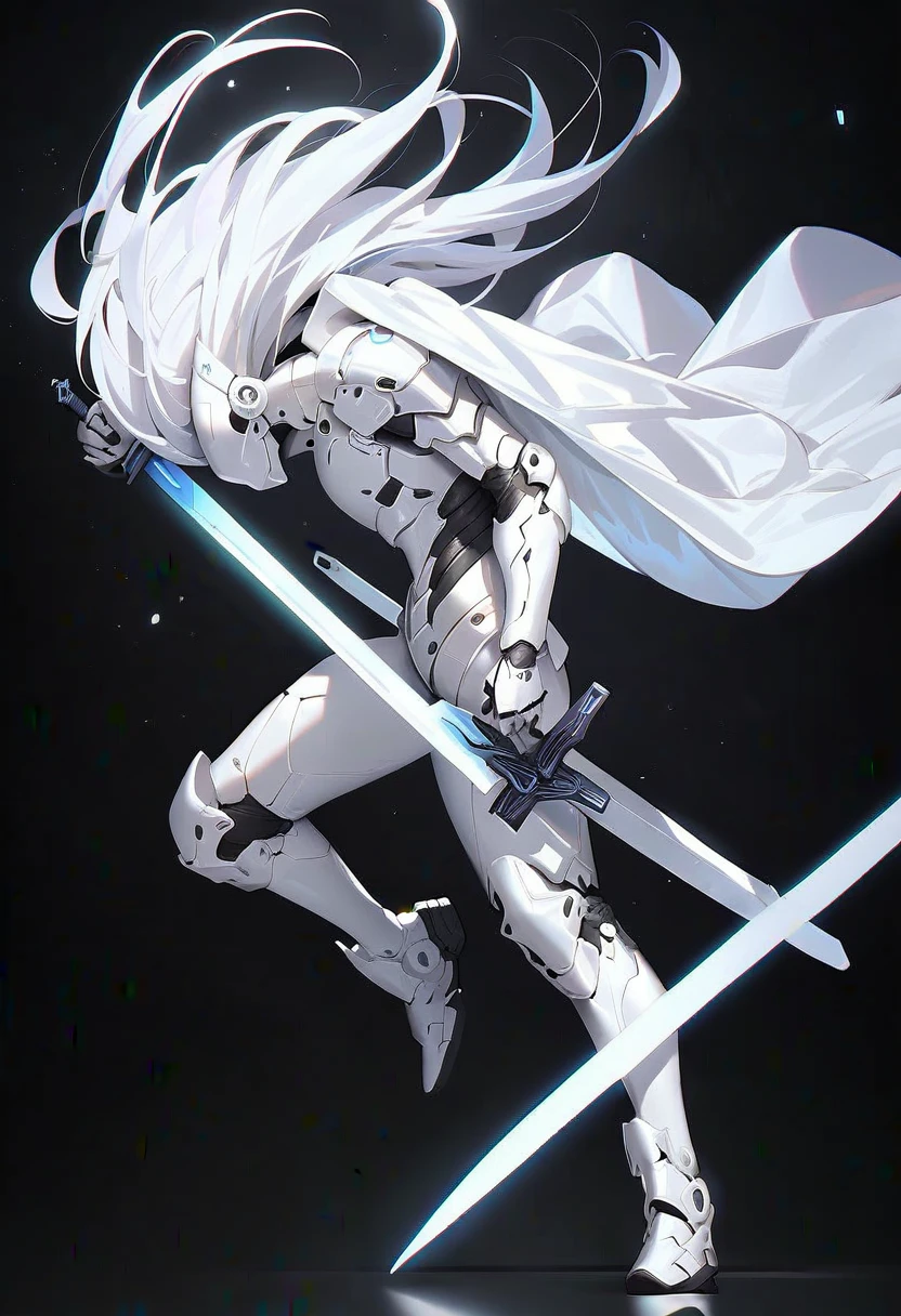 1 boy, alone, profile, plain background, white armor, white glowing eyes, full body, light armor, white hair, cyberpunk, sword pointing at the ground, white cape, holding a sword stuck in the ground, sword with white and black engravings, black background, full white armor, white futuristic helmet, standing pose leaning on the sword, tight armor, dark aura, white mechanical arm, side view