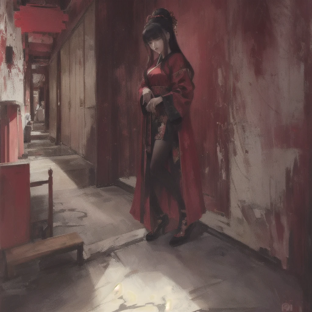 Anime-style painting of a woman in a red robe standing in a hallway, Gwaiz, by Shimo, artwork in the style of Gwaiz, Gwaiz on pixiv artstation, Gwaiz on artstation pixiv, Jan J, palace ， Girl in Han Dress, Inspired by Chung Fenghua