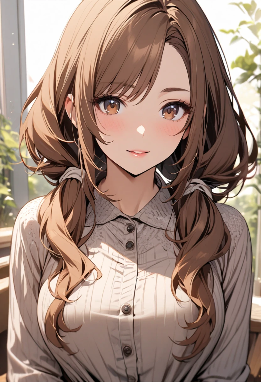 Solo, 1girl, Long Hair, low twin tails, brown hair, brown eyes, beautiful, beautiful color, mature, high detail,