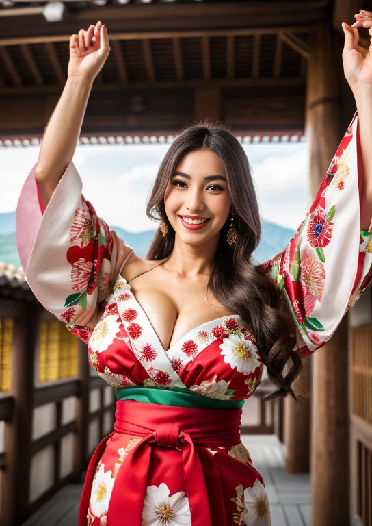 festive dress, enjoying an Italian festival. Vibrant surroundings, fireworks in the background, Best Quality, masterpiece, ultra high resolution, in a japanese temple, (photorealistic:1.4), smiling, A beautiful European woman,), (Yukata), hijab, giant breasts, big chest, lower chest, off shoulder kimono, sexy dress, beautiful kimono, hands up