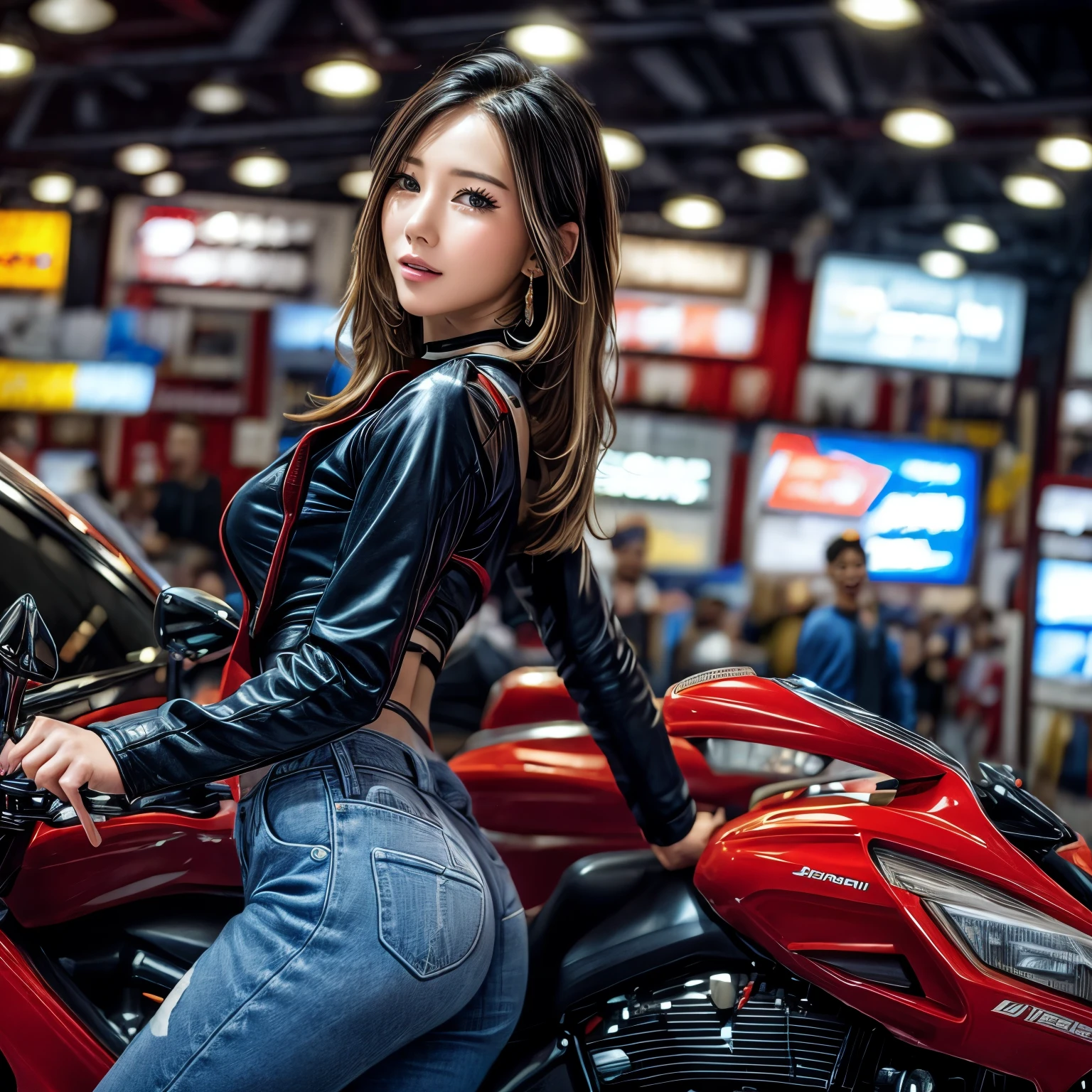 (ExtremelyDetailed((Song Joo A))) clearly visible the shape of Butt, Radiant Ivory Skin with Transparency, motor cycle event girls in sexy costume, Detailed Clothing texture, Full of (motor cycle) . (Full body shot:1.2),Ultra-detailed,grand scale,epic,zoomed out,wide angle. (ExtremelyDetailed Beautiful face) Dynamic Joyful Expressions LifeLike Rendering. (Exposed:0.59) PerfectLighting (TopQuality 8K(masterpiece(ProfessionalPhoto:1.37)))