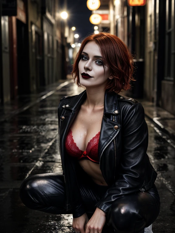  sexy redhead girl 25 years old, pale skin, ginger, short hair cut below chin, tight red lace bra, transparent red bra, red panties barely visible above low cut leather pants, black lipstick, open leather jacket, goth, full body picture, the crow makeup, she is squatting in narrow  dark street, night time, rain, street kight, heavy rain, wet, low light, facing camera, looking up at us with a sinister smile, gun in hand