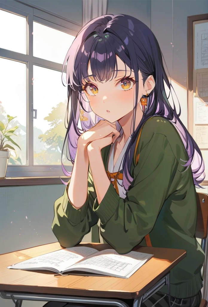 1 Girl, Long midnight purple hair, Golden light eyes, Sitting in the classroom, White modern school, Japanese cartoons
