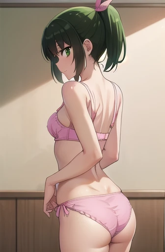 naomidorikawa, Nao Midorikawa, short hair, (Green Eyes:1.3), ponytail, Green Hair, ribbon, hair ribbon, smile, Thighs、Bed、blush、Shame face、(((Cute pink bra:1.3、Cute pink panties)))、break indoors,classroom、(((Backwards、look back)))、
break looking at viewer, Sexy pose、
break (masterpiece:1.2), Highest quality, High resolution, unity 8k wallpaper, (figure:0.8), (Beautiful attention to detail:1.6), Highly detailed face, Perfect lighting, Highly detailed CG, (Perfect hands, Perfect Anatomy),