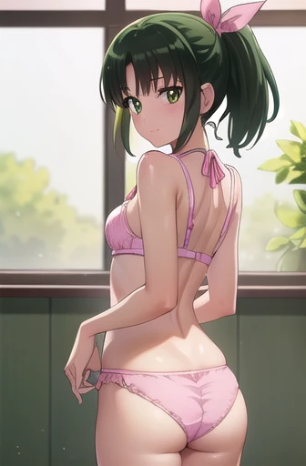 naomidorikawa, Nao Midorikawa, short hair, (Green Eyes:1.3), ponytail, Green Hair, ribbon, hair ribbon, smile, Thighs、Bed、blush、Shame face、(((Cute pink bra:1.3、Cute pink panties)))、break indoors,classroom、(((Backwards、look back)))、
break looking at viewer, Sexy pose、
break (masterpiece:1.2), Highest quality, High resolution, unity 8k wallpaper, (figure:0.8), (Beautiful attention to detail:1.6), Highly detailed face, Perfect lighting, Highly detailed CG, (Perfect hands, Perfect Anatomy),