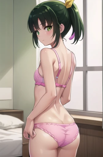 naomidorikawa, Nao Midorikawa, short hair, (Green Eyes:1.3), ponytail, Green Hair, ribbon, hair ribbon, smile, Thighs、Bed、blush、Shame face、(((Cute pink bra:1.3、Cute pink panties)))、break indoors,classroom、(((Backwards、look back)))、
break looking at viewer, Sexy pose、
break (masterpiece:1.2), Highest quality, High resolution, unity 8k wallpaper, (figure:0.8), (Beautiful attention to detail:1.6), Highly detailed face, Perfect lighting, Highly detailed CG, (Perfect hands, Perfect Anatomy),