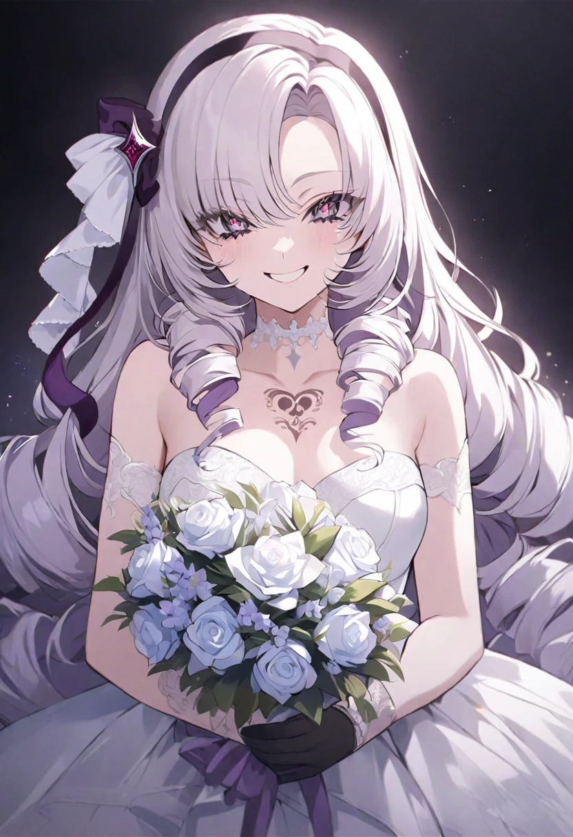 (muste piece), (best quality), (score_9, score_8_up, score_7_up), very detailed eyes, expressive eyes, perfect face, very detailed face, highly detailed face, beautiful girl, 8K, beautiful girl, white background, delicate and beautiful face and eyes, dark intense shadow, 1 girl, vtuber style, cool girl, vtuber, Nijisanji, Hyakumantenbara Salome, salome, hair ribbon, hairband, chest tattoo, very long hair, bare shoulders, gloves, black gloves, see-through:Wedding dress, sleeveless dress, white Long glove, holding wedding bouquet, big chest, clavicle, happy smlie, Crying with joy, (upper body),