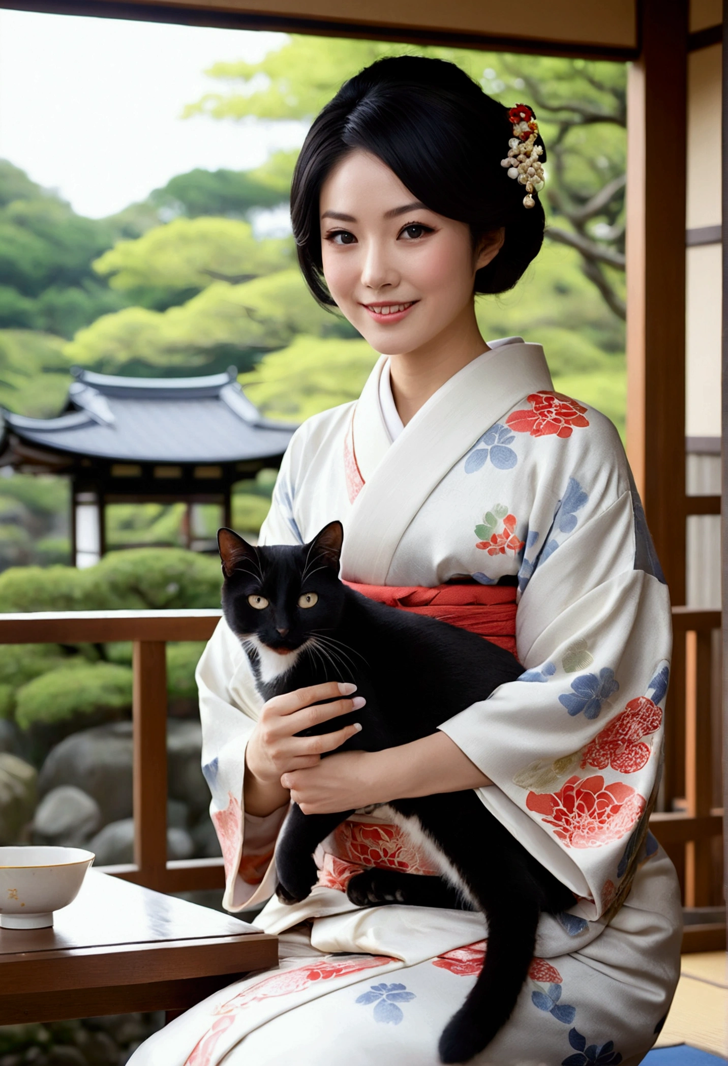 masterpiece, best quality, ((1 woman)), illustration, Super detailed, fine details, High resolution, 8K quality wallpaper, Perfect dynamic composition, Beautiful and delicate eyes, kimono, 勻稱的kimono外觀, (black shorthair cat), Smile, looking at camera, Kyoto Taisho Movie Village, Japan Castle Town, Japanese garden, Tea Room, Tea ceremony etiquette