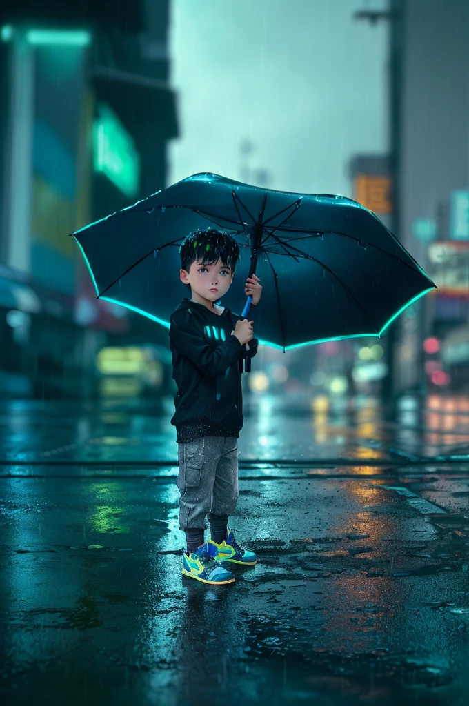 A young boy holding an umbrella on a rainy day, neon rainy cyberpunk setting, at night during rain, raining portrait, it is raining, it is night and raining, it is raining heavily, next gen, neon rain, holding umbrella, raining award winning photo, hero pose colorful city lighting, in a rainy environment, dark glowing rain, single person with umbrella