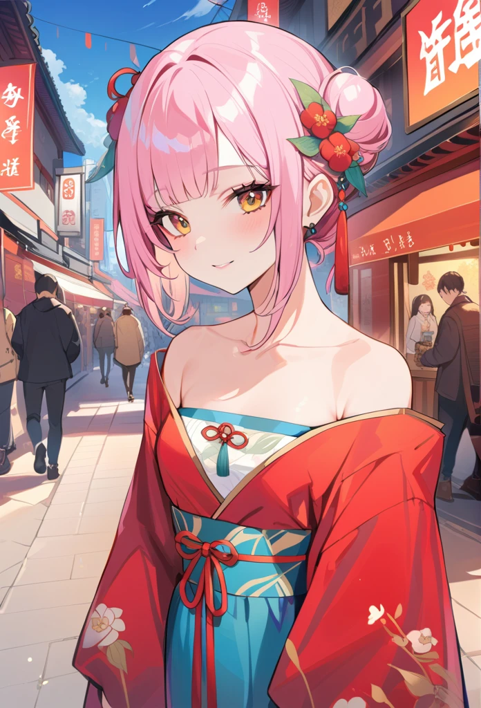 best quality, masterpiece, high resolution, 1 Girl, Hanfu, Tang dynasty costumes, small, flat chest, clavicle, Off-shoulder exquisite face, Practical, Real People, (High Detail Skin: 1.4), Retro Street