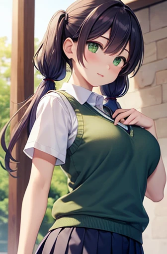 nozomitoujou, nozomi toujou, (green eyes:1.5), purple hair, twintails, low twintails, scrunchie, long hair, (large breast:1.2),
BREAK otonokizaka , pleated skirt, , short sleeves, skirt, summer uniform, sweater vest, yellow sweater vest,
BREAK looking at viewer,
BREAK outdoors, shrine,
BREAK (masterpiece:1.2), best quality, high resolution, unity 8k wallpaper, (illustration:0.8), (beautiful detailed eyes:1.6), extremely detailed face, perfect lighting, extremely detailed CG, (perfect hands, perfect anatomy),