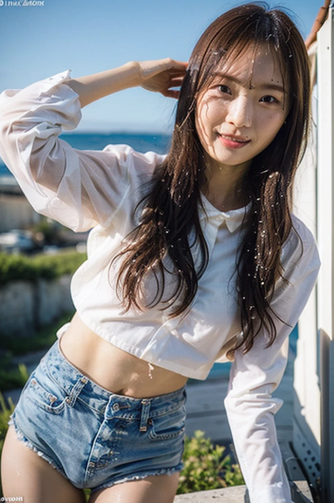 Highest quality,masterpiece,Ultra-high resolution,Detailed portrait, Browsing Caution, One Woman, K-POP idol surfer shows off his dancing and surfing skills, nude, Carving a Wave Tube, Photogenic beach, Drenched wet body, Soaking wet hair, Realistic, masterpiece, Detailed face, Happiness like a goddess, Intricate details, , Small breasts,Natural Shading, No makeup, Supermodel, expensive, fit, Pussy, Underbust, Nipples, Sunburned skin, (Wet shirt, Wet white long sleeve shirt, Exposing the breasts:1.2, See-through shirt:1.2), (Bottomless:1.4), (splash:1.5), Motion Blur, Tall and slender,Perfect composition