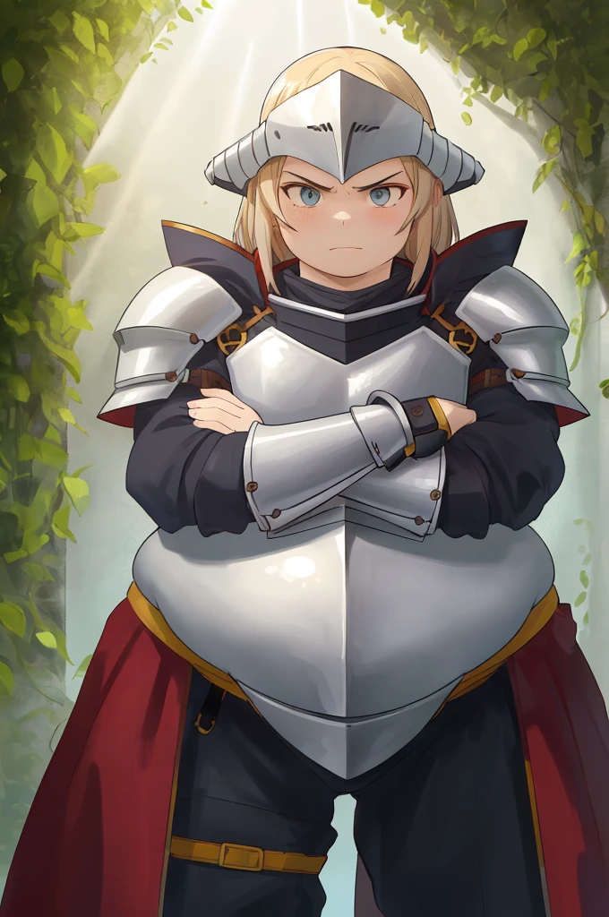 Original Character, Fantasy Concept Art, Volumetric Lighting, Best Shadows, Shallow Depth of Field, Portrait Of Noble Knight Man, Dignified, Delicate Tactical Heavy Armor, Opaque Visor, Face Armor, Pauldrons, Obese Girl, Fat Belly, Tasset Belt, Gauntlet, Poleyn, High Quality Armor Texture, Broad Shoulders, Extremely Tall. Sword Scabbard, Standing Tall, Crossed Arms, Looking At Viewer, Glaring Sunlight, Rose Garden, Rose Thornbush, (Highest Quality, Amazing Details:1.25), (Solo:1.3), Brilliant Colorful Paintings