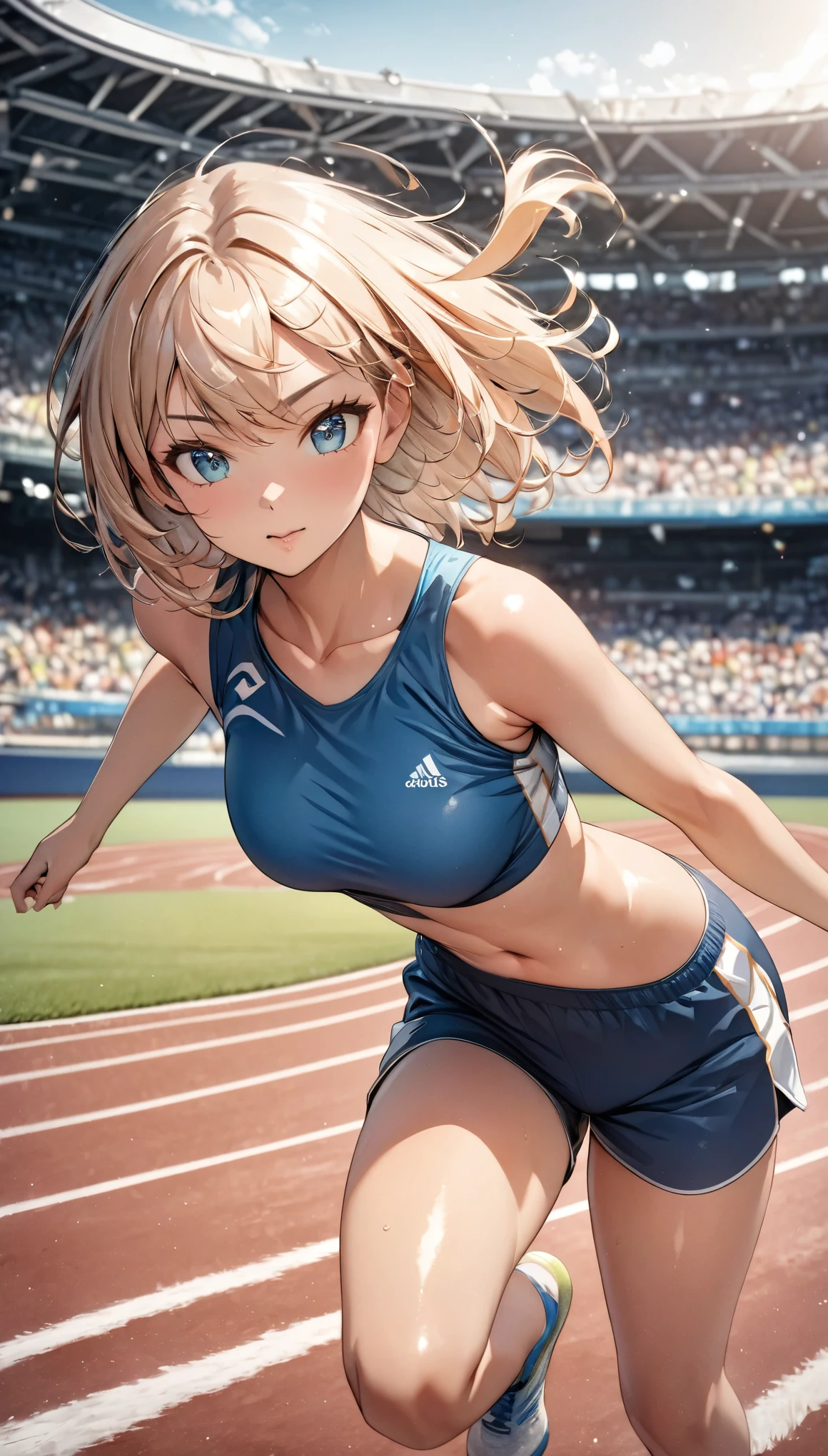 Athletics, Sportswear, Shorts, In detail, High resolution, high quality、Perfect dynamic composition, Beautiful attention to detail, Medium Hair, Natural color lip, Track and field 1 girl, Clear Skin, Shiny Hair, masterpiece:1.2, The correct state of the human body, runner, Running pose,Beautiful sunlight,Stadium,Photograph of hair fluttering in the wind,Tight body lines:1.3, athlete, Positive Energy, Calm background, A nurturing presence, High resolution, Correct Perspective 1.1,