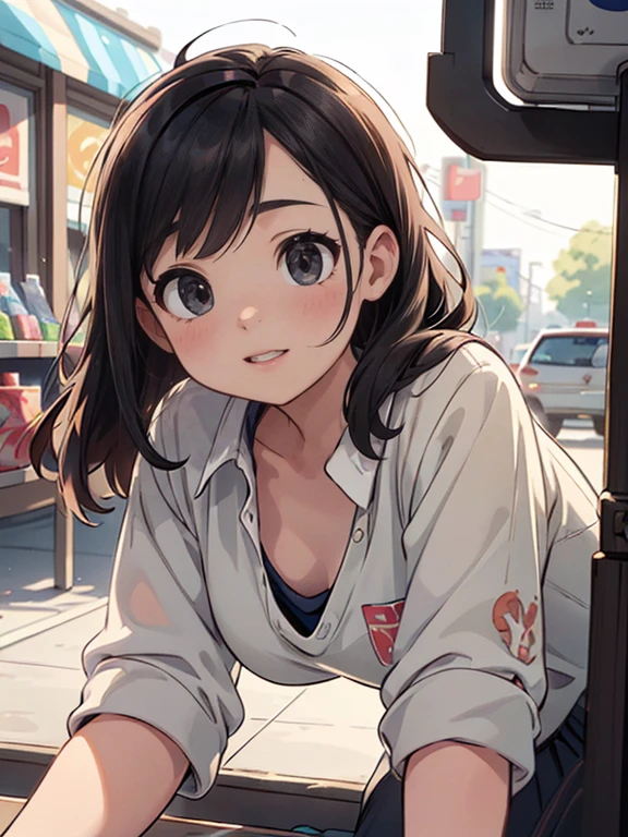 a young female convenience store clerk, smiling, student, portrait, beautiful detailed eyes, beautiful detailed lips, extremely detailed face and features, long eyelashes, photorealistic, hyperrealistic, intricate details, high quality, 8k, masterpiece, cinematic lighting, warm colors, vibrant colors, natural lighting, detailed background, clean minimalist style, simple elegant aesthetic, real-life scene