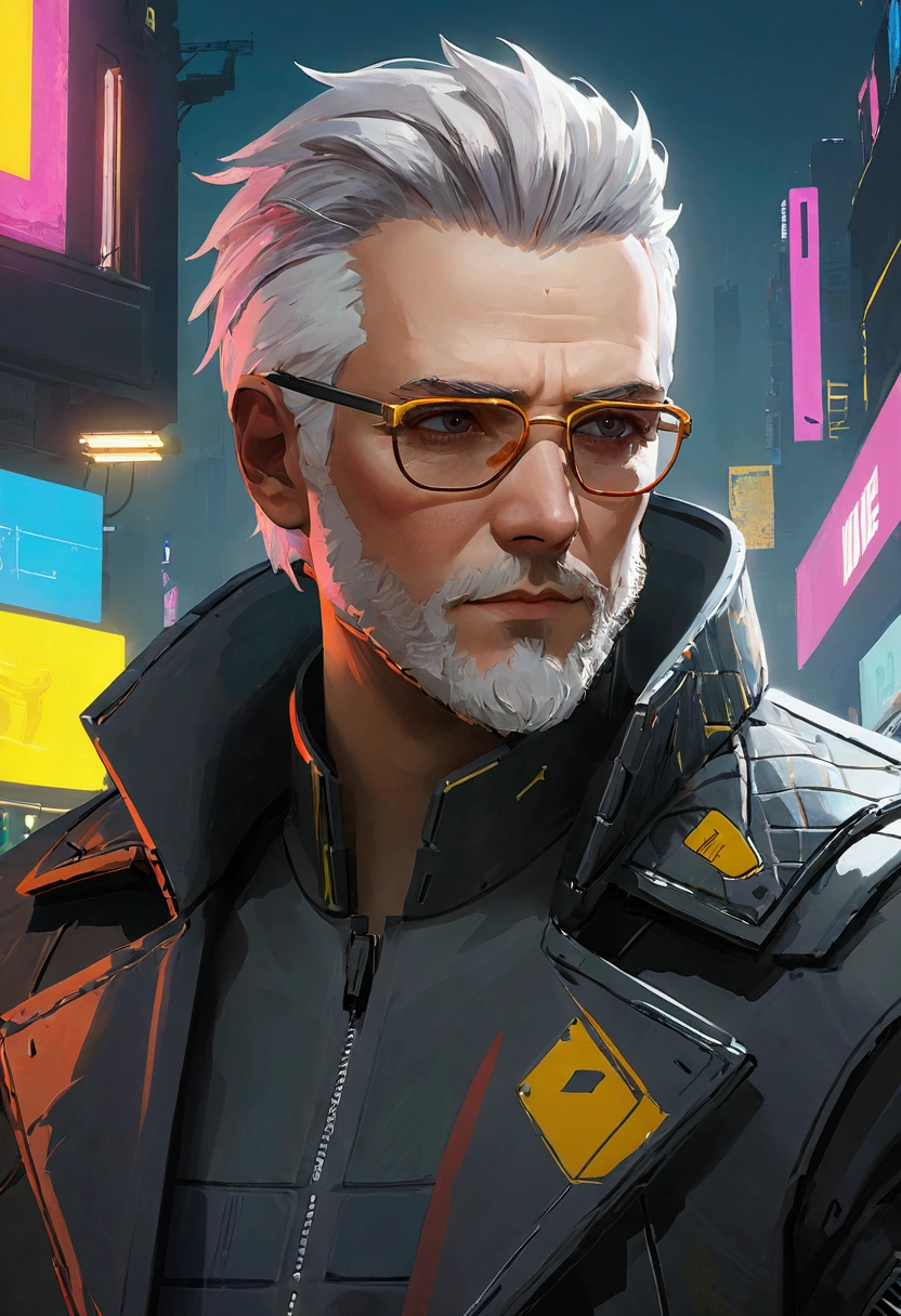 (Extremely detailed:1.2, masterpiece:1.2, best quality:1.2, high resolution:1.2),Describe the emotions captured in a close-up shot of a gray-haired man's face, Perfect hairstyle and glasses, With a neat white beard, Wearing a jacket inspired by the game Cyberpunk 2077. The game's setting reflects a dystopian future environment, With city-specific elements from Cyberpunk 2077.