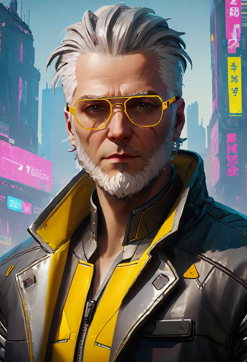 (Extremely detailed:1.2, masterpiece:1.2, best quality:1.2, high resolution:1.2),Describe the emotions captured in a close-up shot of a gray-haired man's face, Perfect hairstyle and glasses, With a neat white beard, Wearing a jacket inspired by the game Cyberpunk 2077. The game's setting reflects a dystopian future environment, With city-specific elements from Cyberpunk 2077.