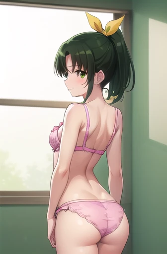 naomidorikawa, Nao Midorikawa, short hair, (Green Eyes:1.3), ponytail, Green Hair, ribbon, hair ribbon, smile, Thighs、Bed、blush、Shame face、(((Cute pink bra:1.3、Cute pink panties)))、break indoors,classroom、(((Backwards、look back)))、Raise your arms、
break looking at viewer, Sexy pose、
break (masterpiece:1.2), Highest quality, High resolution, unity 8k wallpaper, (figure:0.8), (Beautiful attention to detail:1.6), Highly detailed face, Perfect lighting, Highly detailed CG, (Perfect hands, Perfect Anatomy),