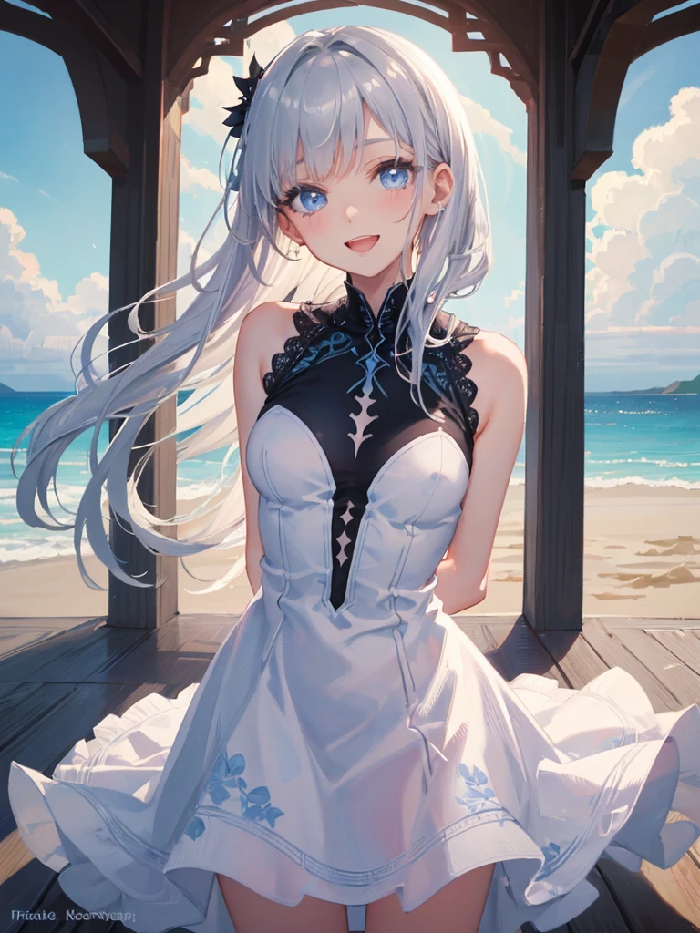 art by Cornflower,(masterpiece:1.2),(4k),high quality,(1 girl),(solo),(small breasts),((arms behind back)),silver long hair,beautiful detailed blue eyes,smile,open mouth,In the fantastic beauty of the sun light, elegant gothic princess,white short gothic dress,white gothic witch clothing,Bokeh, A gentle light spreads over the tranquil surroundings, Delicate petals blend into intricate patterns,((in front of a beach)),blue sky with clouds in it,Add a dramatic and symbolic element to your scene,dreamy romantic,fantastic and dreamy theme,film lighting