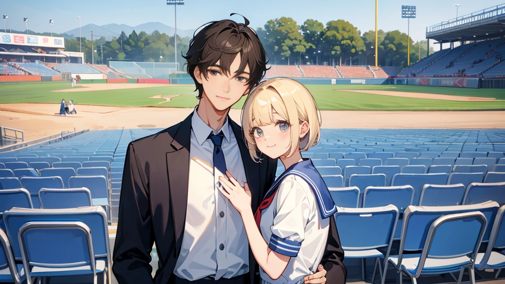 The background is the seats at an outdoor baseball stadium in midsummer.、Upper body of a duo of a man and a woman wearing summer sailor uniforms2shot。The first person is a woman who is short, , and cute with short, straight blonde bangs.。The second man is a handsome, tall man with short black hair.。They both look at me, smile cutely, and make cute boos.。There is a height difference between men and women, with men being taller。