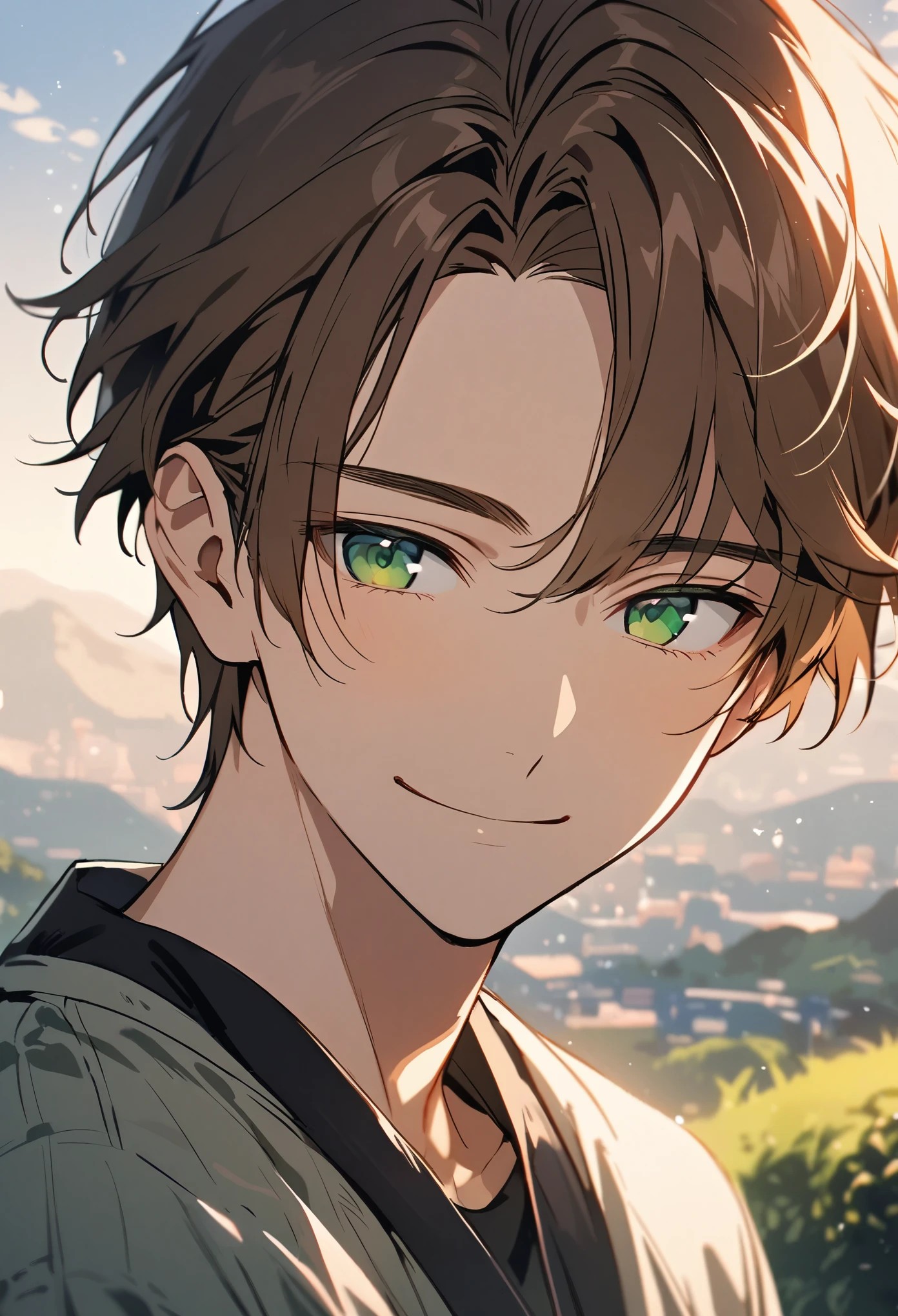 male, Brown Hair, short hair, alone, Green Eyes, good looking, Beautiful background, Calm face, Parted bangs、Smile lightly